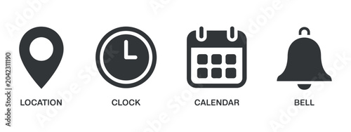 Foto location clock calendar bell icons set symbol time date alarm