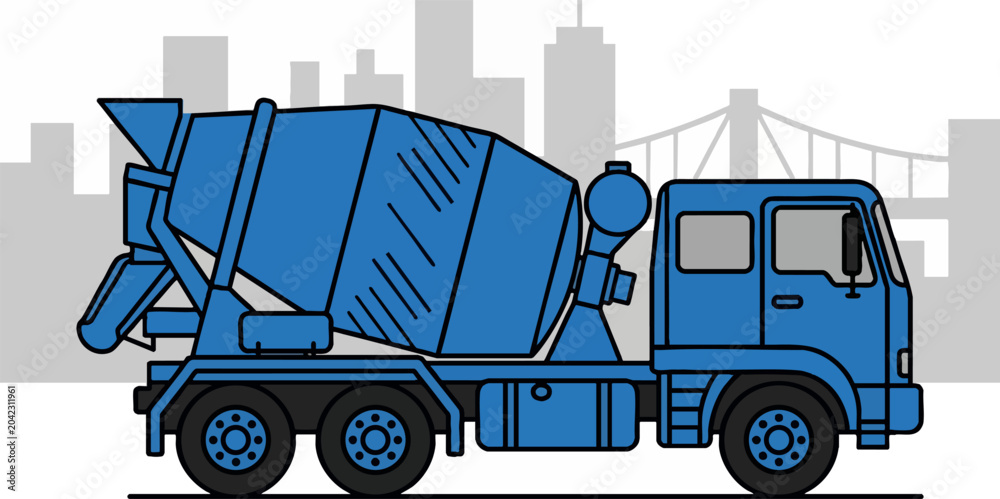 Fototapeta premium Blue Concrete Mixer Truck Illustration with City Skyline