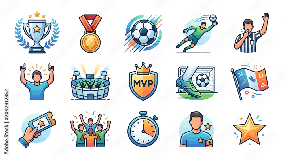 Fototapeta premium A collection of soccer-themed vector icons, featuring a trophy, medal, and stadium, presented in a bright and playful cartoon style against a clean white background