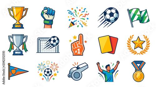 Canvas Print Collection of soccer icons showing winning and competition elements in a cartoon