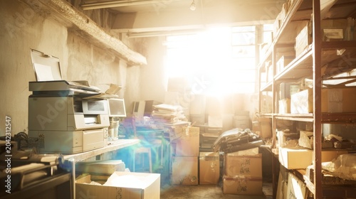 Messy storage room interior with an old printer, monitors, and various boxes, creating a feeling of neglect and disorganization