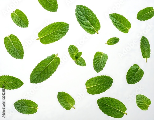 Fresh Green Mint Leaves Floating Top View Isolated on Soft White Background