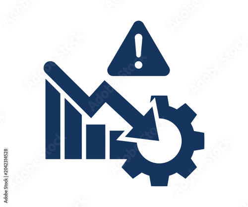 Warning sign with declining graph and gear on white background