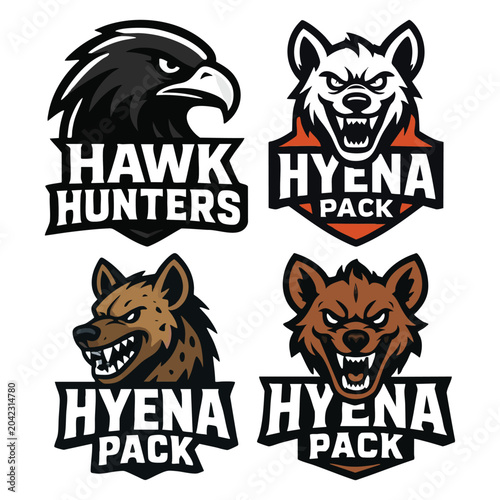 Animal team logos with hawk and hyena illustrations
