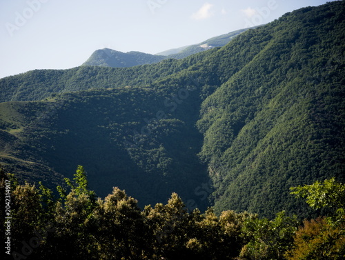 Fotografía montagne verdi ricoperte da vegetazione fitta, con pendii ripidi e cielo limpido