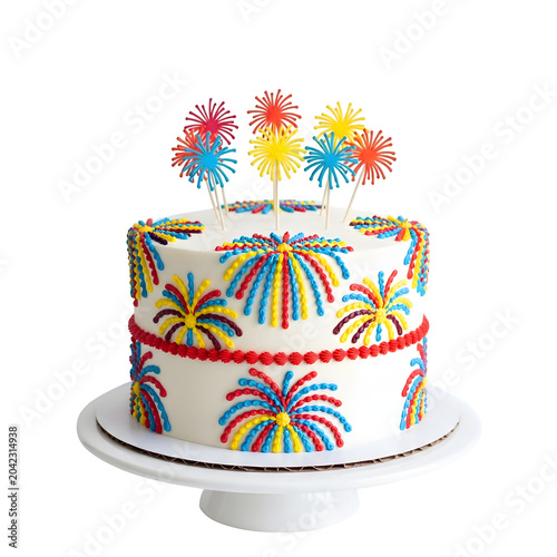 Colorful birthday cake with colorful flowers isolated on white background