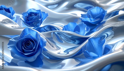 Elegant Blue Roses on Silver Fabric - A Floral Fantasy.