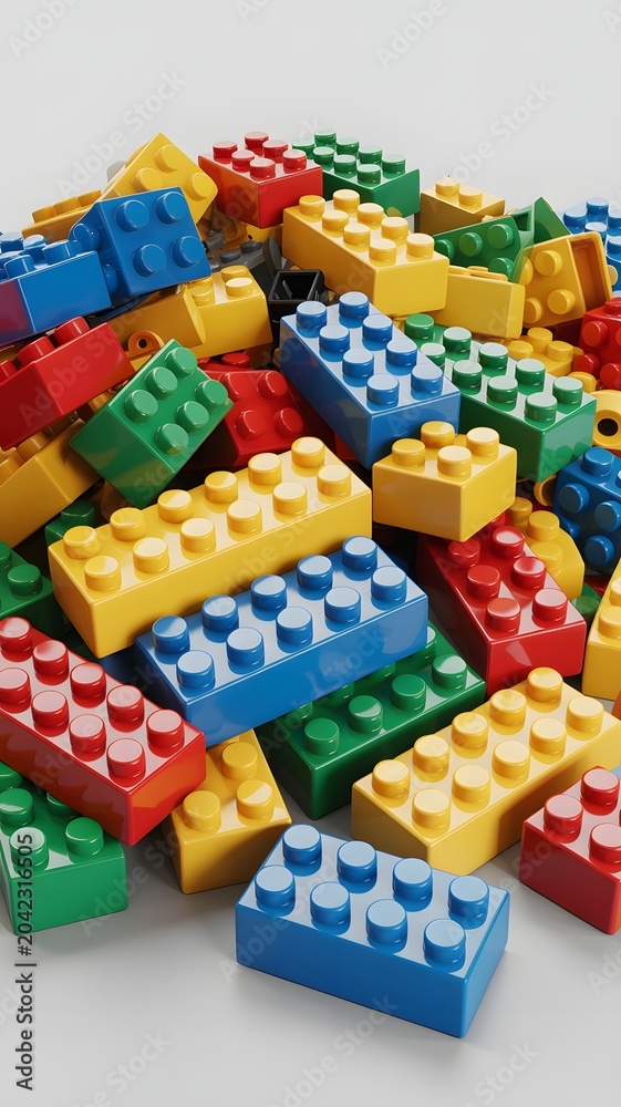 Naklejka premium Colorful LEGO Building Blocks in Various Shapes and Sizes Spilled Over White Surface