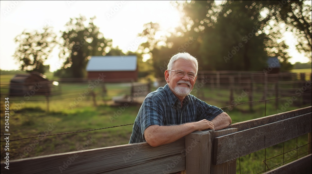 Fototapeta premium Older man smiling, leaning on wooden fence, enjoying rural farm life, golden hour sunlight