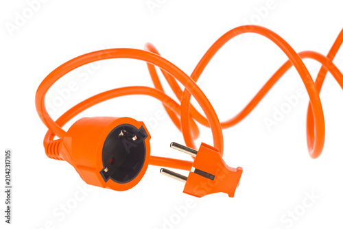 Orange electrical extension cord, cable, isolated on white background.