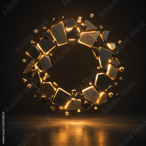 Abstract Glowing Shards and Spheres in Dark Space - Dynamic Circular Arrangement of Shattered Fragments with Warm Golden-Orange Light on Reflective Surface