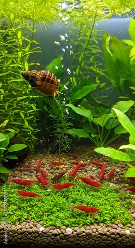 Vibrant aquarium teems with red shrimp and a snail among lush green aquatic plants