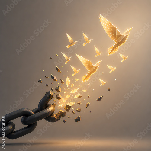Broken Chain Transforms into Golden Geometric Birds Taking Flight in Abstract Space, Symbolizing Freedom and New Beginnings