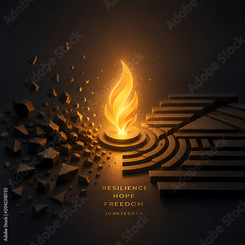 Juneteenth Resilience: Hopeful Flame Rising from Brokenness Towards Freedom and a Structured Future in a Dark, Atmospheric Setting