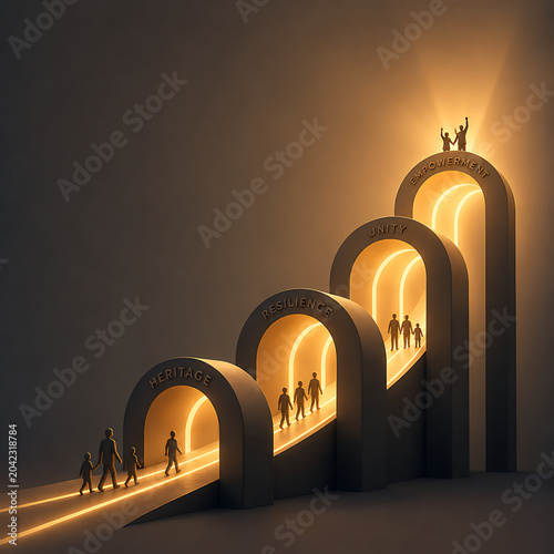 Journey of Human Progression: Silhouetted Figures Moving Through Arched Gateways of Heritage, Resilience, Unity, and Empowerment in a Golden Lit Abstract Environment