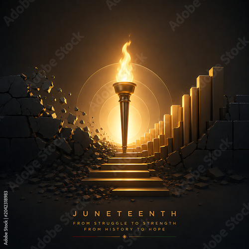 Juneteenth: From Struggle to Strength, From History to Hope - A Torch of Progress on a Grand Staircase Amidst Broken Walls and Rising Pillars, Symbolizing Liberation and Resilience