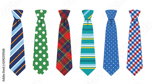 Set of six colorful fashionable neckties with various patterns, clothing