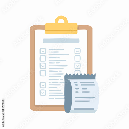 A clipboard with a checklist and a receipt is displayed on a surface in a business setting with office supplies.