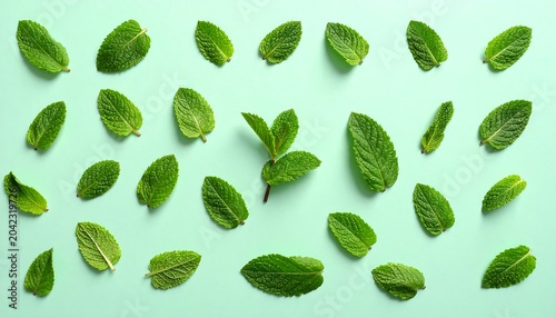 Mint Leaf Collage Top View Isolated on Light Pastel Green Background for Fresh Herbal Concept