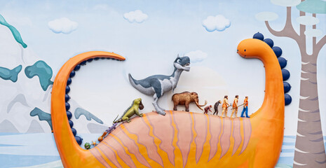 a humorous, unscientific timeline of life on Earth framed within the curved body of a giant dinosaur