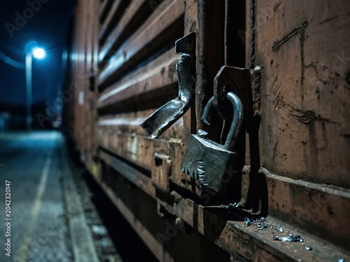 Broken padlock on a freight train car door, cargo theft and security breach concept