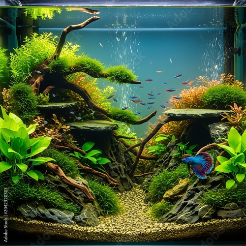 Vibrant aquatic ecosystem with diverse flora, fauna, and sculpted rocks