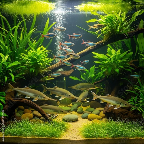 Vibrant aquatic ecosystem with schooling fish, aquatic plants, and smooth stones
