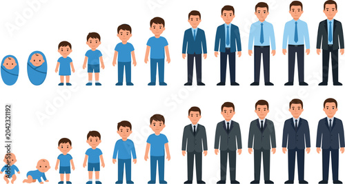 Human Life Cycle and Aging Process Vector Set Showing Male Development Stages From Newborn Baby To Adult Businessman