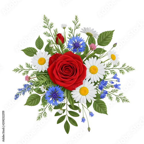 Colorful floral bouquet with roses and greenery isolated on white background