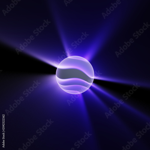 Glowing violet sphere with wave patterns and radiant light beams on dark cosmic background