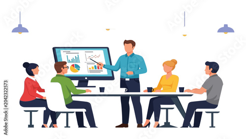 Tableau sur toile Team members participate in a professional business meeting while analyzing data charts displayed on a large computer monitor