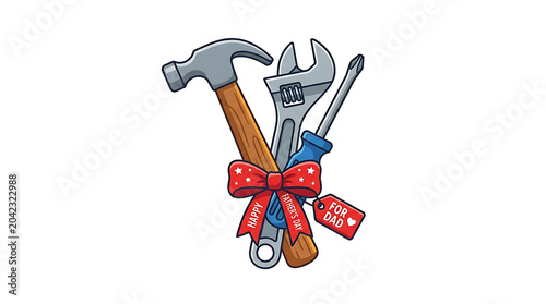 Hand tools bundle tied with a red decorative gift bow screwdriver hardware