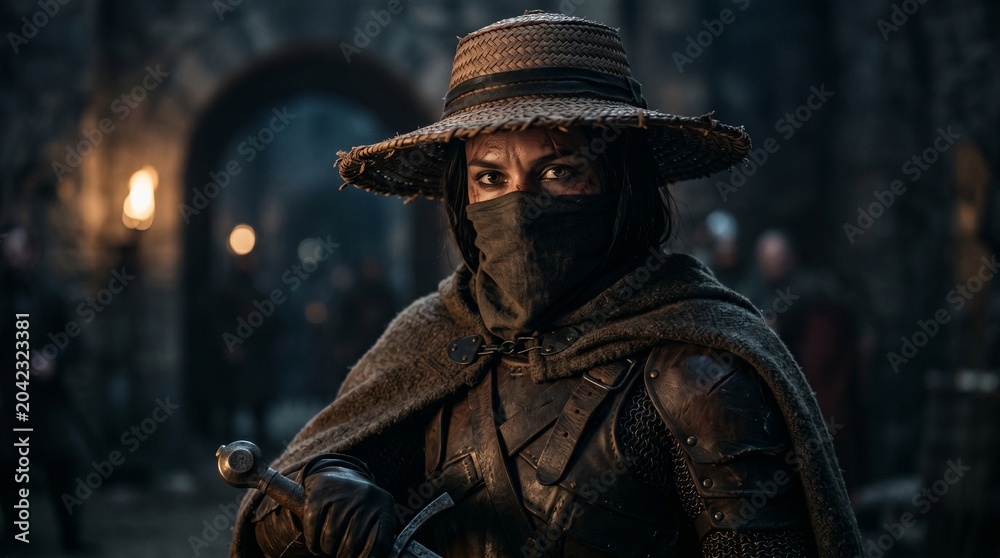 Fototapeta premium Masked warrior stands in a dark castle with a sword in hand during a nighttime gathering of soldiers