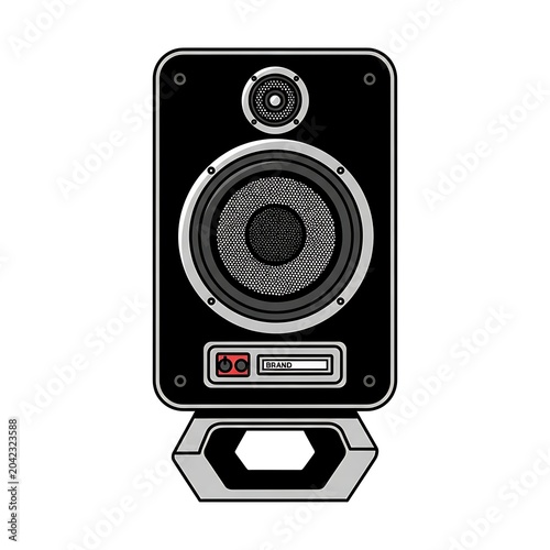 Vector illustration of a single, modern black audio speaker on a grey stand