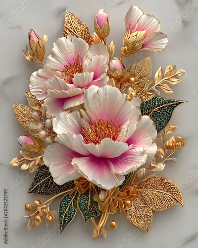 Elegant gold pink floral relief art high resolution picture