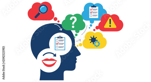 Photos A person s head with thought bubbles representing ideas and problem solving