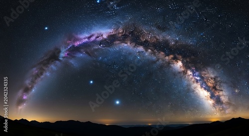 Vast galactic arc over dark mountains and distant glowing horizon