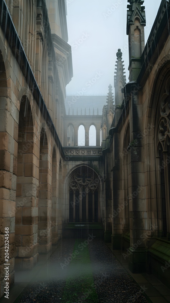 Fototapeta premium Gothic Cathedral Enclosure with Tower and Ornate Architectural Elements