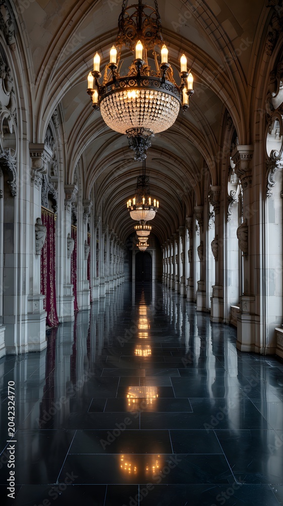 Obraz premium Elegant Historic Marble Hallway with Ornate Chandeliers and Arched Ceilings