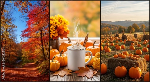 Vibrant autumn scenes forest path, cozy drink, pumpkin patch harvest
