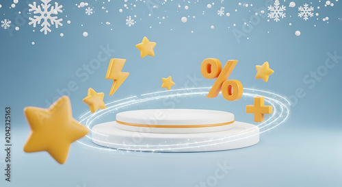 Sale promotion display pedestal with floating stars and discount symbols discount pedestal promotion marketing shopping percentage seasonal commercial business abstract creative background