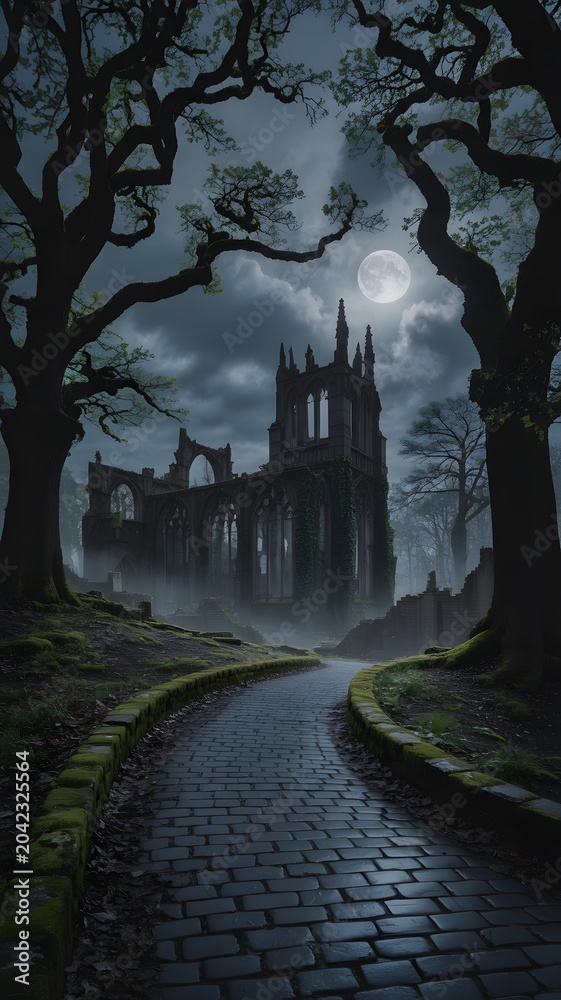 Obraz premium Haunted Gothic Ruins Under Night Sky with Full Moon and Shadowy Trees