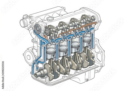 Inline Four Cylinder Engine Technical Marker Illustration
