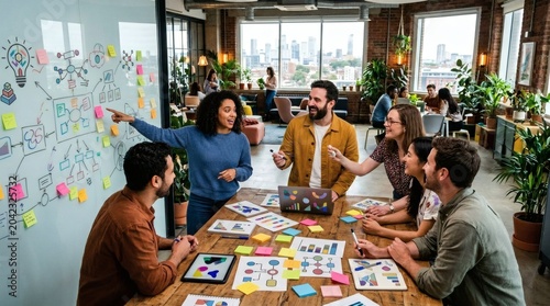 Diverse group of people brainstorming ideas with sticky notes and laptops in office