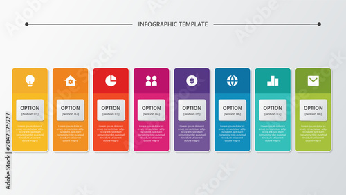 Infographic template with 8 colorful vertical rectangular options