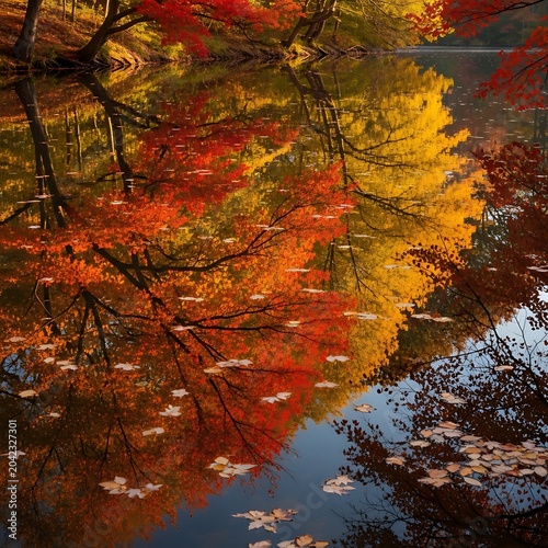 Vibrant autumn trees reflected in calm water, leaves afloat