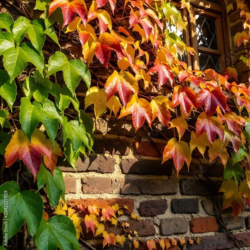 Vibrant autumn vines with green and red leaves climb an old brick wall