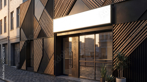 Modern Industrial Storefront with Blank Signboard Mockup and Geometric Facade
