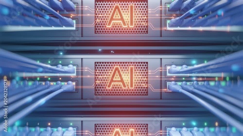 Front view 3D render of AI server rack units with glowing orange AI text on perforated panels and ethernet cables. Futuristic AI data center concept for GPU computing, cloud, and machine learning