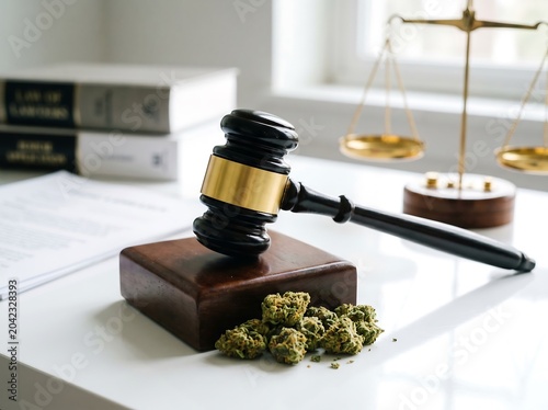 Marijuana buds and judge gavel on white desk in courtroom  law and justice concept